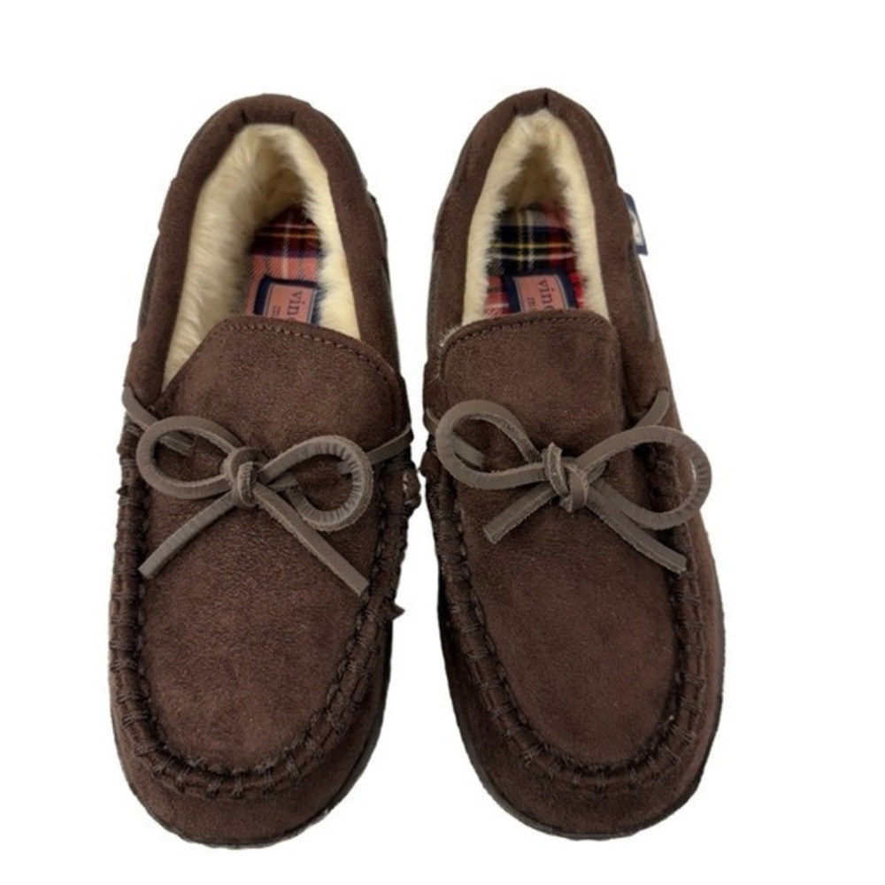 Vineyard Vines Kids 2M Brown Moccasin Slippers Faux Suede Faux Fur Lining